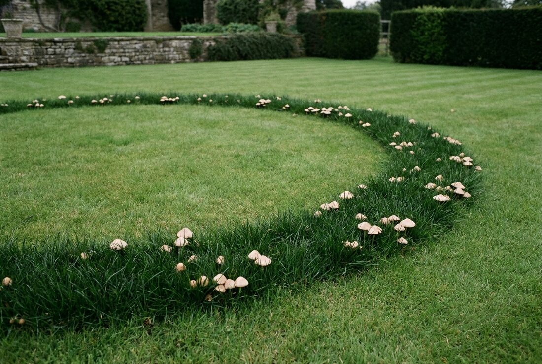 A fairy ring in a lawn: a dark green circular arc of lusher grass with pale toadstools growing along it
