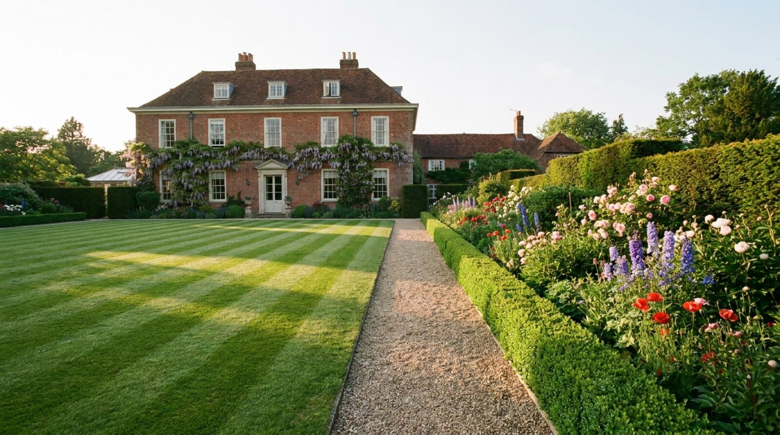 An immaculate striped lawn in front of a red brick period house with wisteria