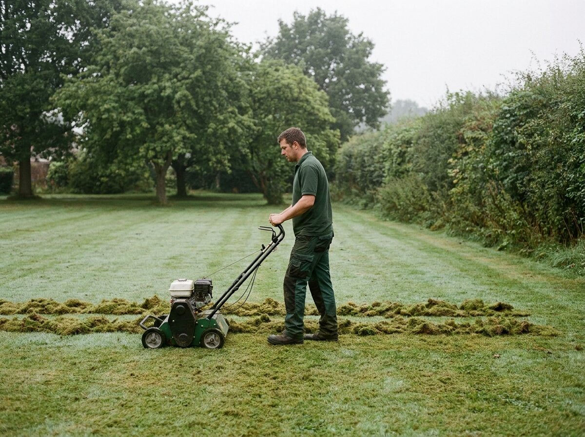 A technician operating a scarifier across a large lawn