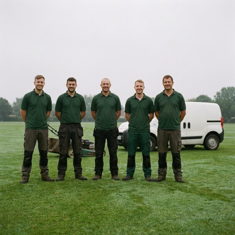 Five Verdant technicians standing together on a lawn