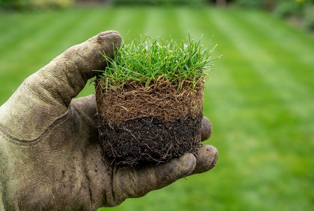 A cross-section plug of turf held up showing a thick brown thatch layer between the green blades and the root zone